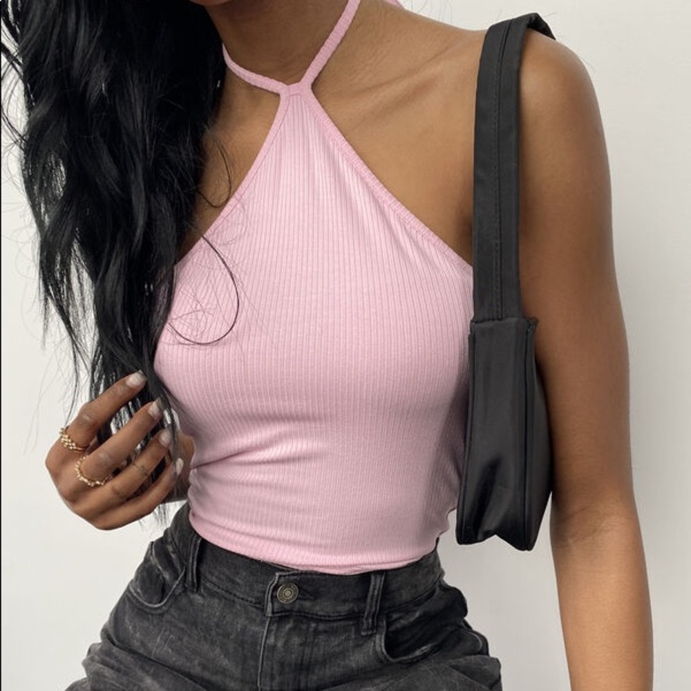 Ardene Pink Ribbed Halter Top - Size Large